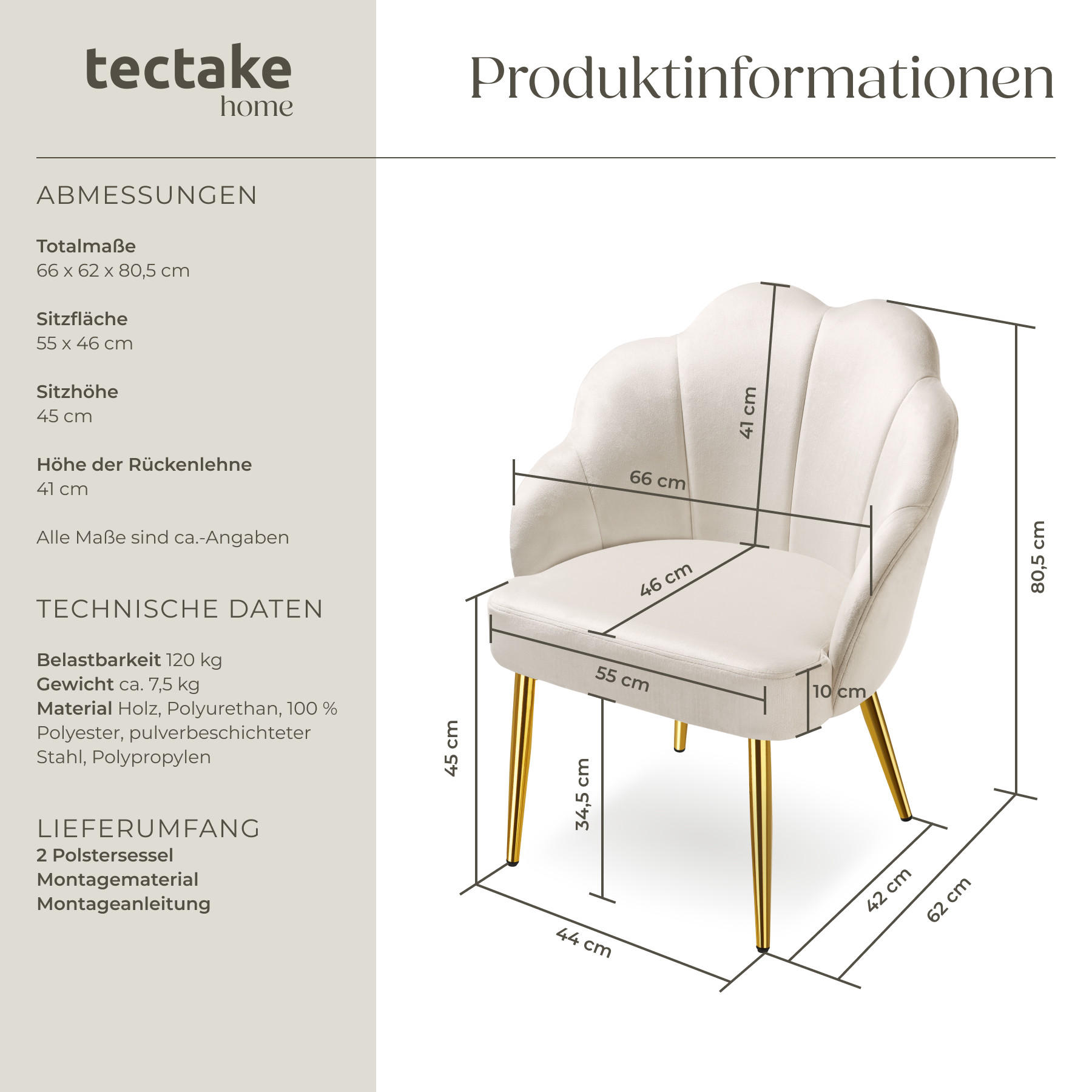 Thumbnail - tectake Cocktailsessel, Creme, Gold, Textil, 66x80.5x62 cm, Esszimmer, Stühle, Esszimmerstühle, Vierfußstühle