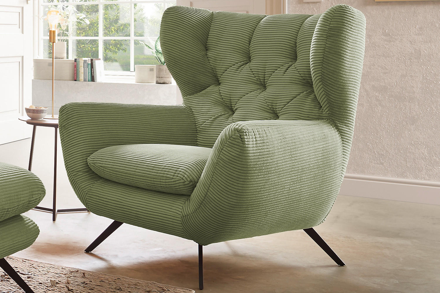 SESSEL CHARME Grün Cord - Schwarz/Grün, Textil/Metall (100/106/95cm) - KAWOLA