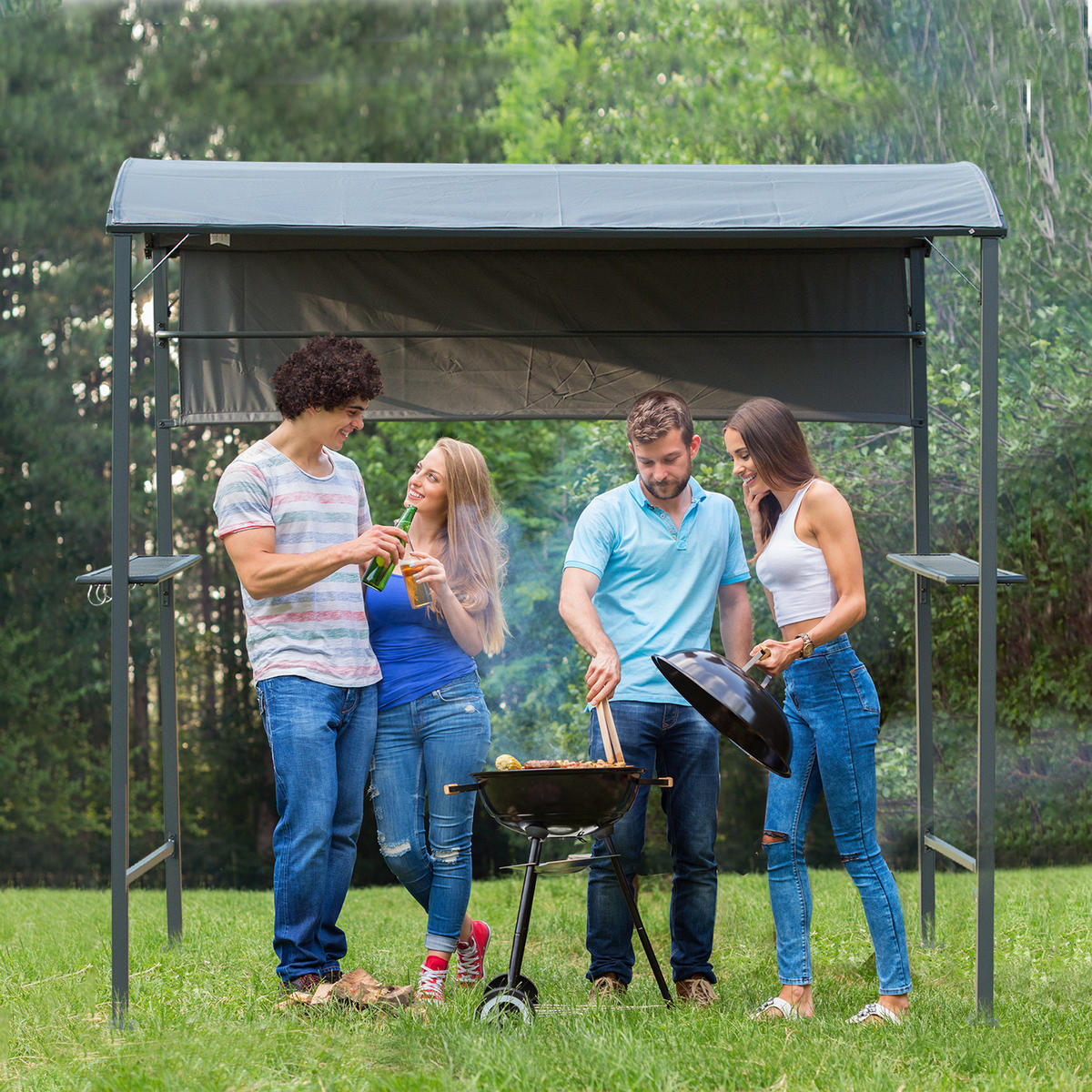 GRILLPAVILLON, Polyester, Schwarz - Grau, Metall (141/216/217cm) - Outsunny