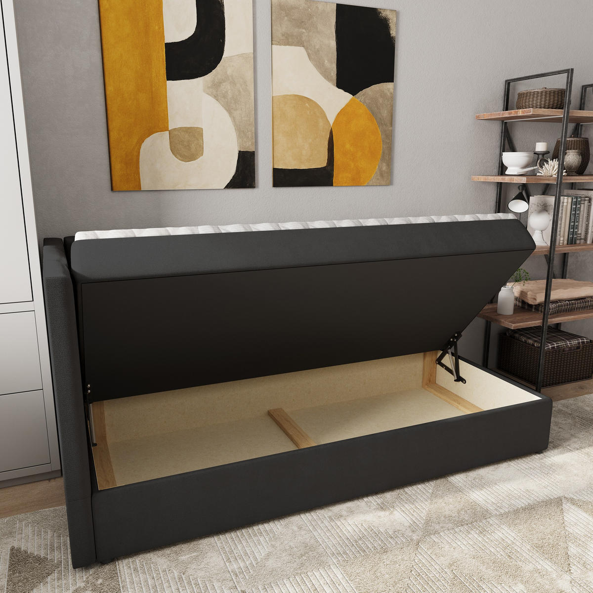 BOXBETT BEVE 90x200 cm mit Matratze und Topper, H2+H3 - Schwarz - Schwarz, Holz (90/200cm) - MASSENO