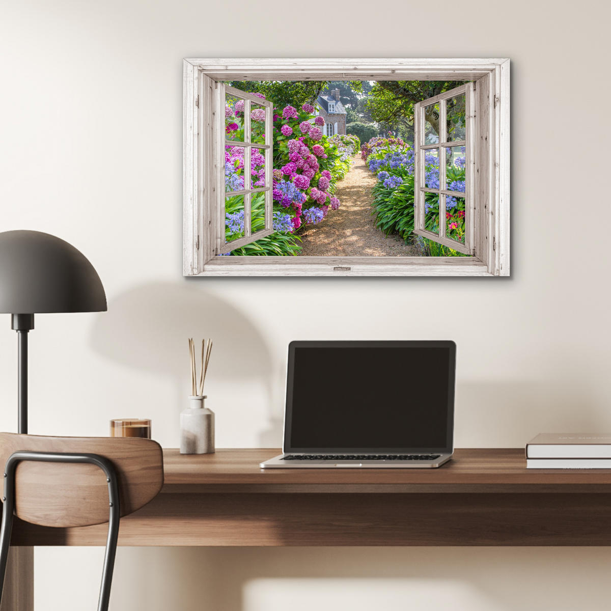 METALLBILD Hortensie - Fensterblick - Blumen - Sommer - Lila - Weg 60x40 cm - Lila, Metall (60/40cm) - MuchoWow