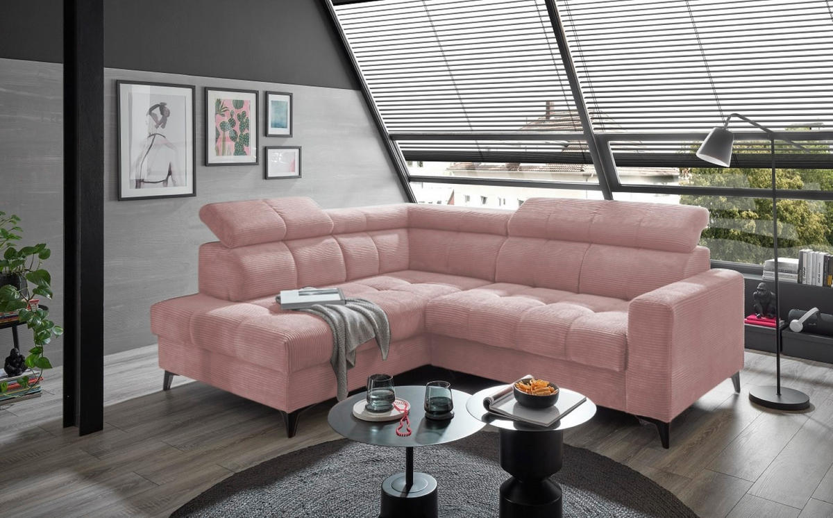 ECKSOFA mit elektronische Sitztiefenverstellung, USB-Anschluss und stilvollem Breitcord-Bezug - Rosa, Textil (243/200cm) - ed exciting design