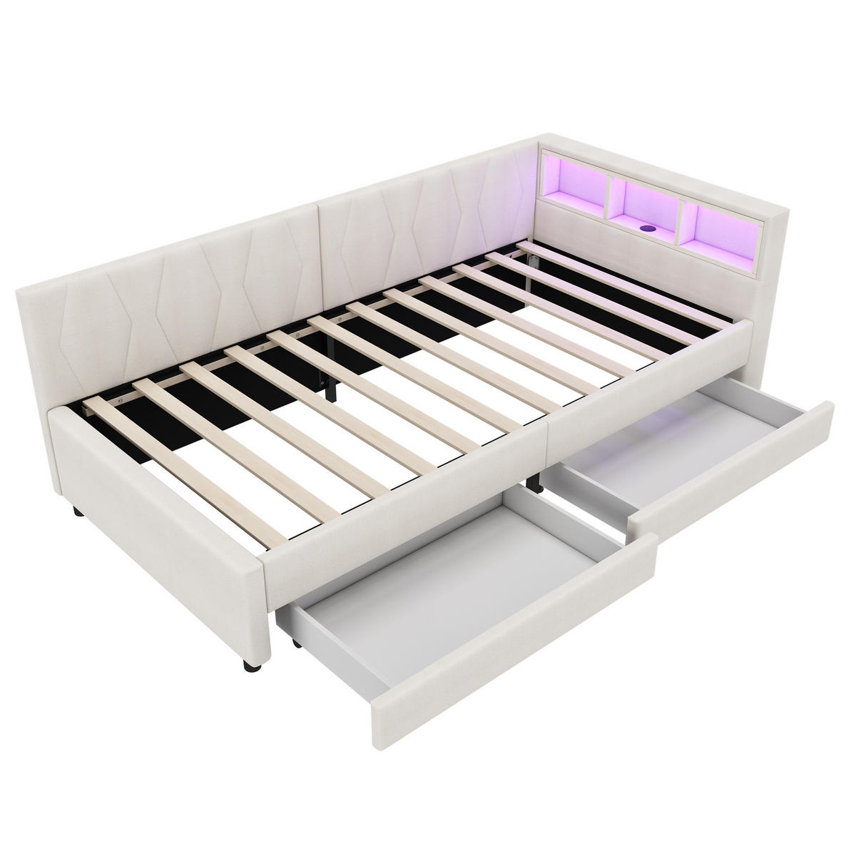 POLSTERBETT mit LED-Beleuchtung 90/200 cm – mit USB-C, Schubladen und Ablagefächern - Beige, Textil (90/200cm) - BEAOK