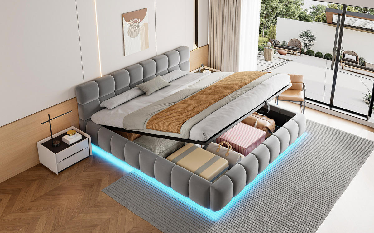 POLSTERBETT 180/200 cm aus Samt mit LED-Streifen, Grau - Grau, Textil (180/200cm) - OKMYHOME