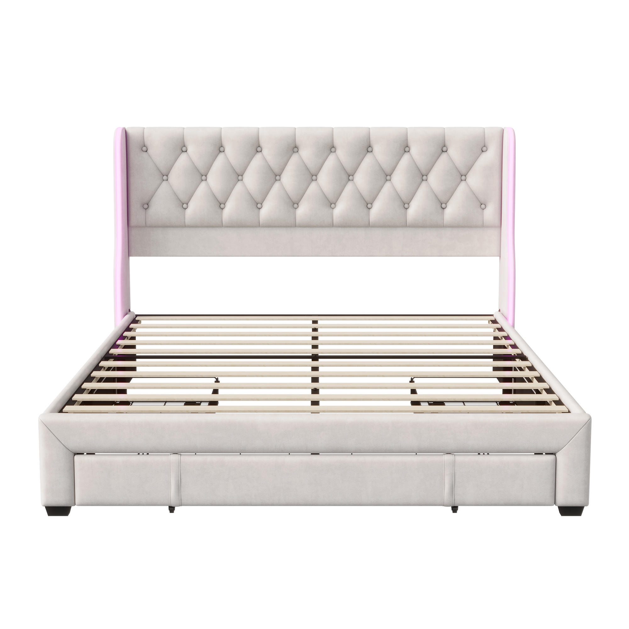 POLSTERBETT 160x200 cm mit LED, 3 Schubladen, Samt, Beige - Beige, Holz (140/200cm)