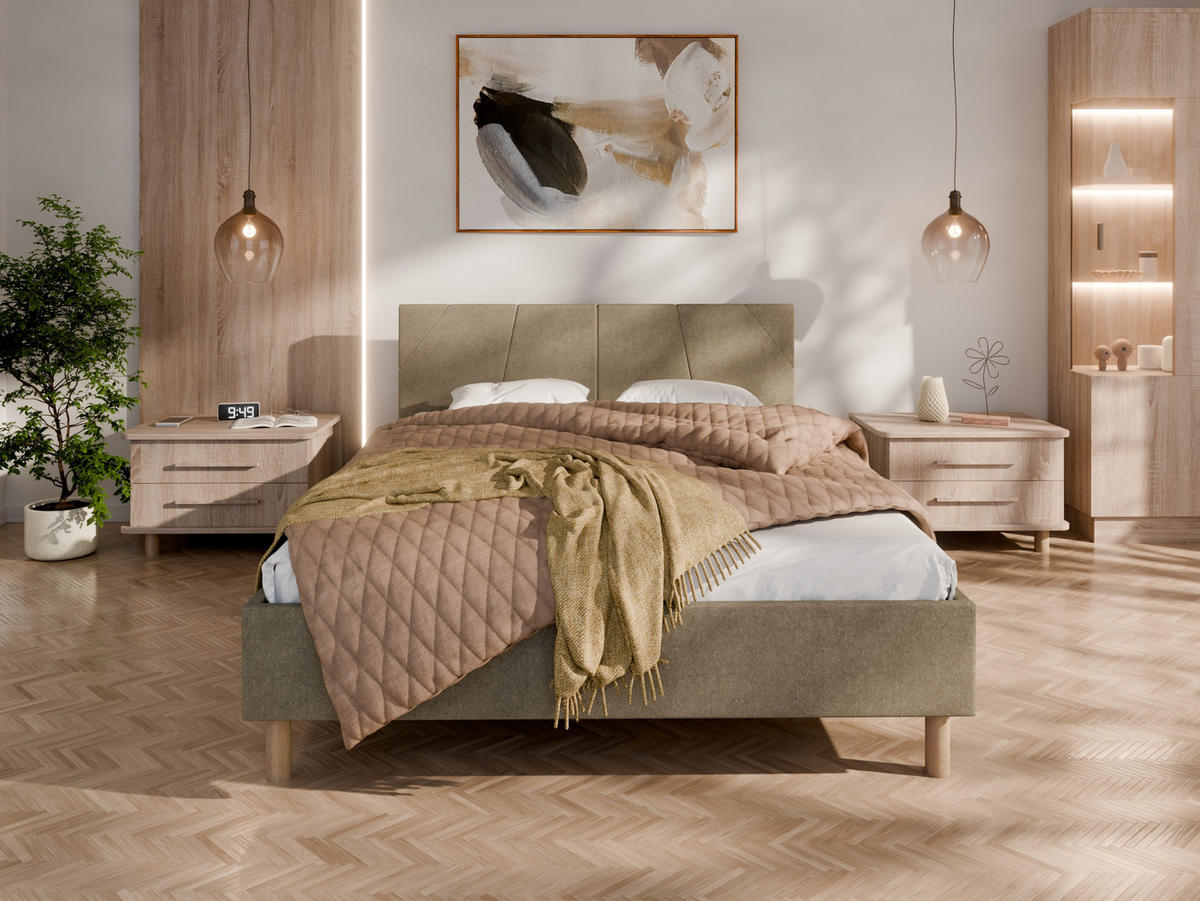 POLSTERBETT ALMORE 140x200cm Elegantes Polsterbett für modernen Wohnstil , Taschenfederkernmatratze mit kokos KORNOS (20cm), cappuccino - Cappuccino, Holz - Panda Möbel