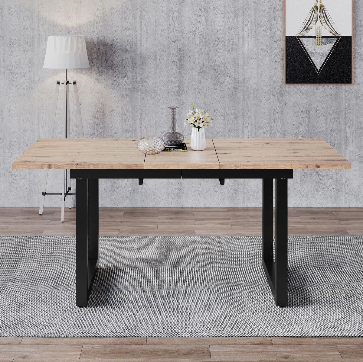 JÍDELNÍ stůl 140/180/80/75 cm, MDF, černá/přírodní, rozkládací v industriálním stylu - barva dubu, kompozitní dřevo (180/80/75cm) - BEAOK
