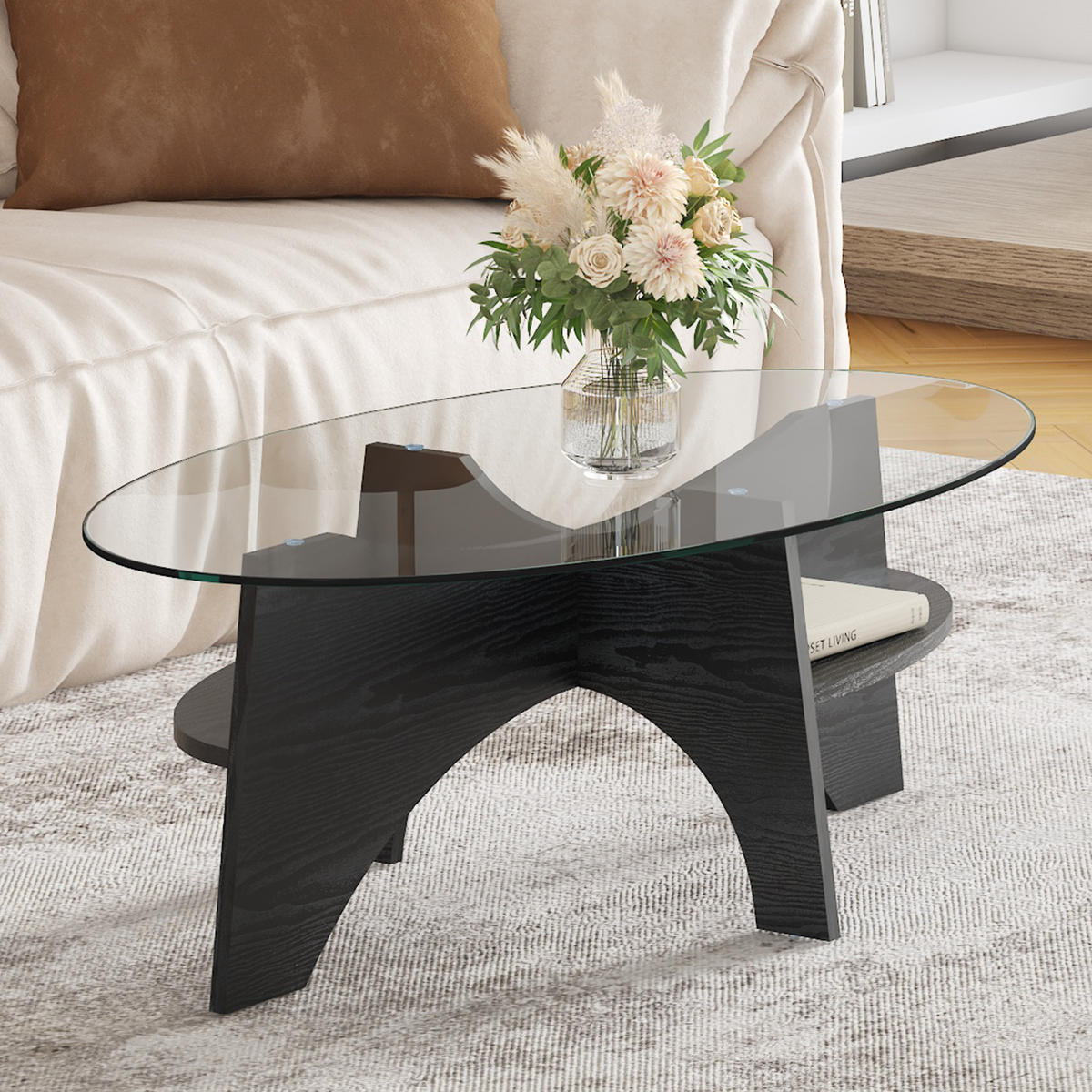COUCHTISCH in Schwarz Moderner ovaler Beistelltisch mit Holzoptik für Esszimmer und Wohnzimmer, B104.9/T60/H35.6 cm - Transparent/Schwarz, Glas/Holzwerkstoff (60/104.9/35.6cm) - STILVORA
