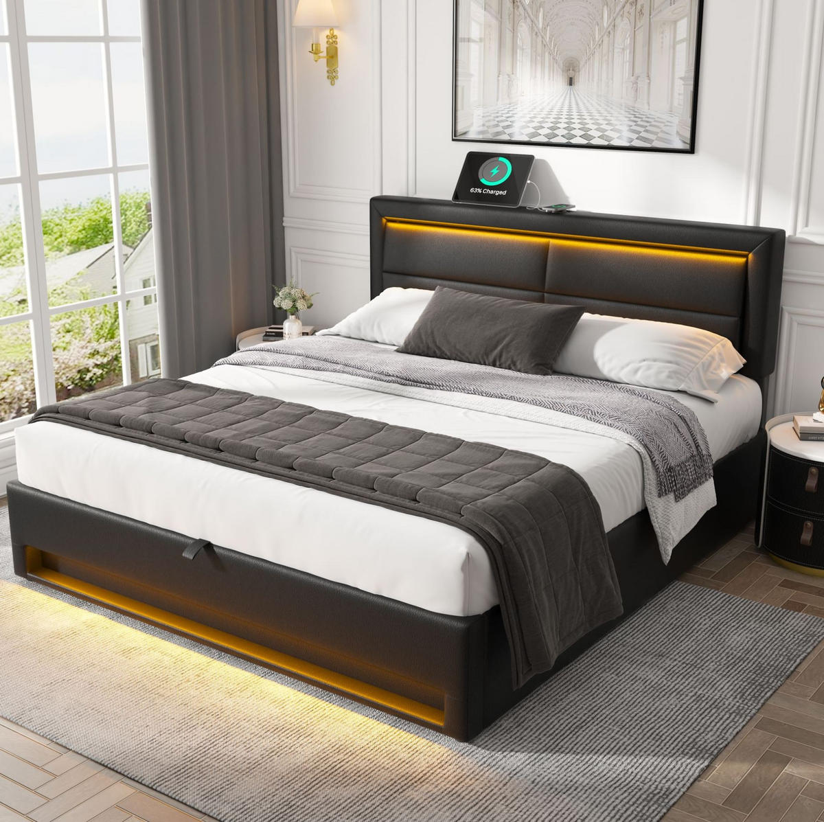 POLSTERBETT 140/200 cm aus PU mit LED USB-Ladestation und Stauraum Schwarz - Schwarz, Kunststoff (140/200cm) - Modenvie