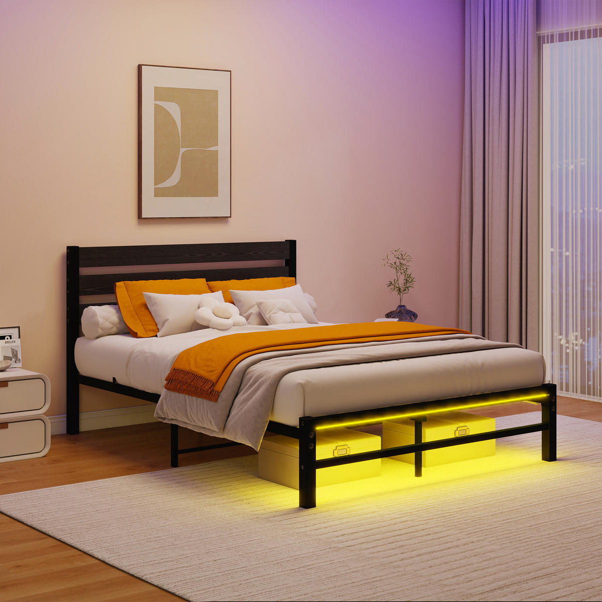 METALLBETT 140/200 cm Schwarz mit USB-Ladestation und LED-Bettrahmen - Schwarz, Metall (140/200cm) - Oxeza