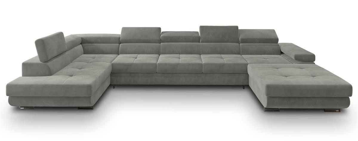 WOHNLANDSCHAFT TORIVA L-S Hellgrau Velours-Stoff mit Schlaffunktion - Hellgrau, Holz (418/90/202cm) - MASSENO