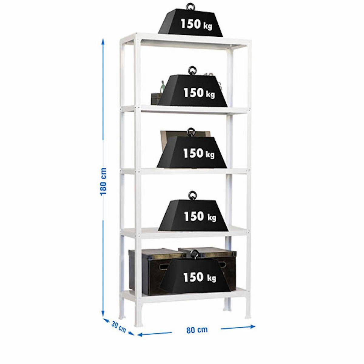 WOHNREGAL LIVING KOALA METAL mit 5 Fachböden | HxBxT 180x80x30cm | Fachlast 150kg | Weiß/Weiß - Weiß, Metall (80/180/30cm) - PROREGAL