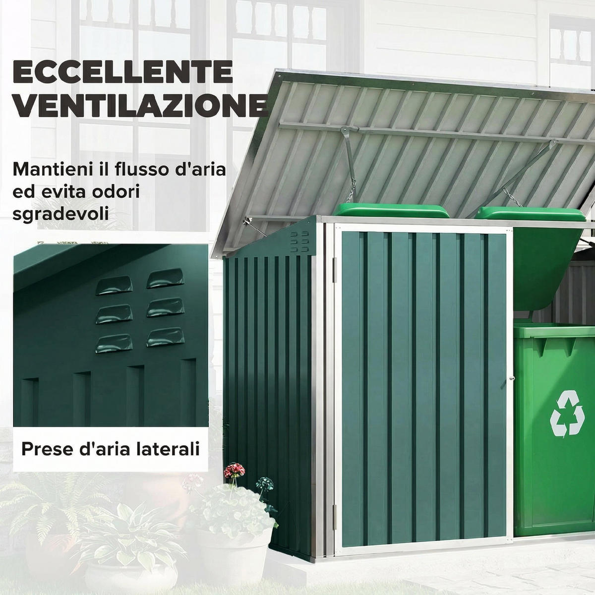 GARTENHAUS Stahl-Mülltonnenbox für den Außenbereich mit Doppeltür,180x108x130cm - Grün, Metall (108/129.5/179.5cm) - Vallsero
