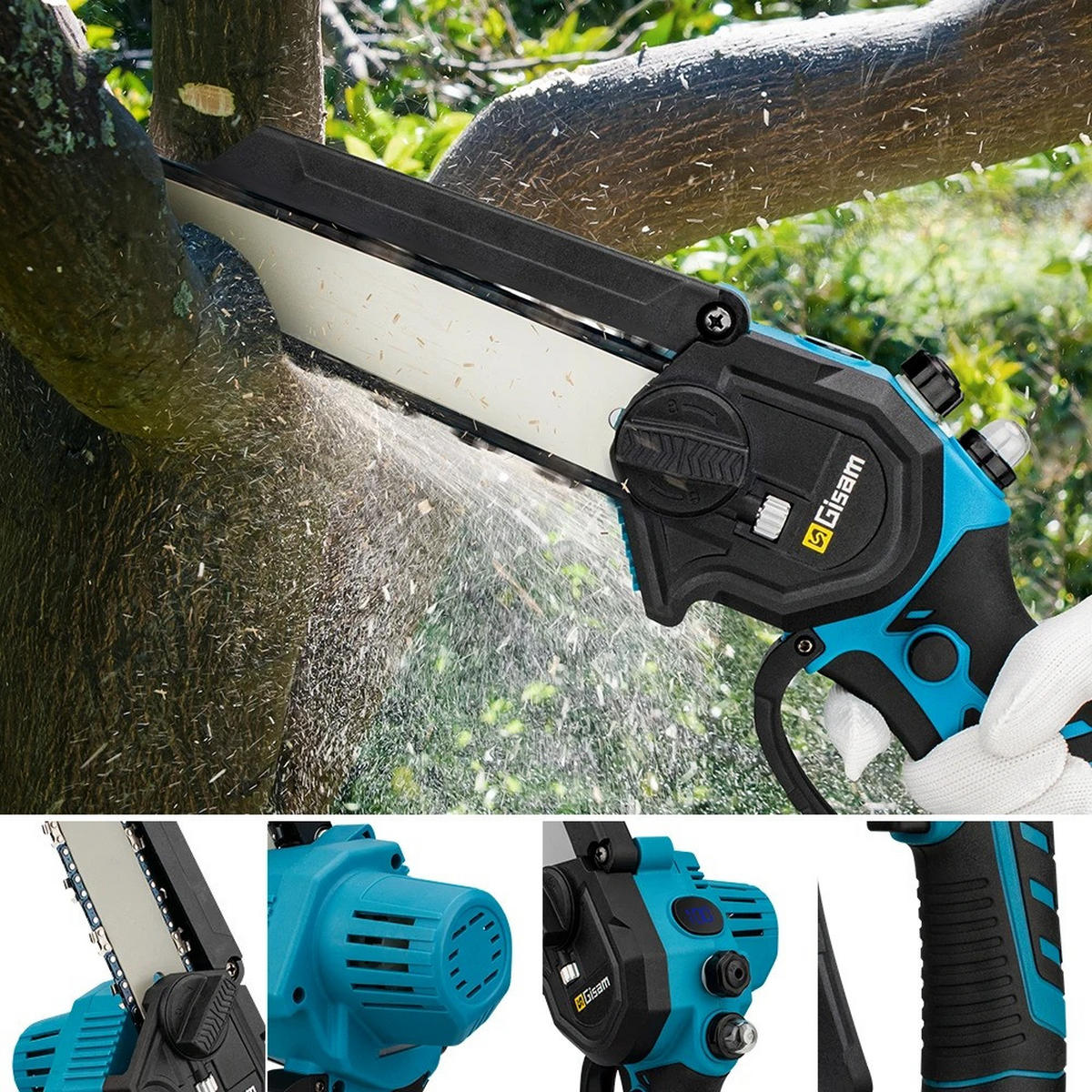 KETTENSÄGE 8 Zoll Bürstenlos Blau für Garten Holzbearbeitung, Mit 2 Akkus - Blau, Metall (15/7/40cm) - Coonoor