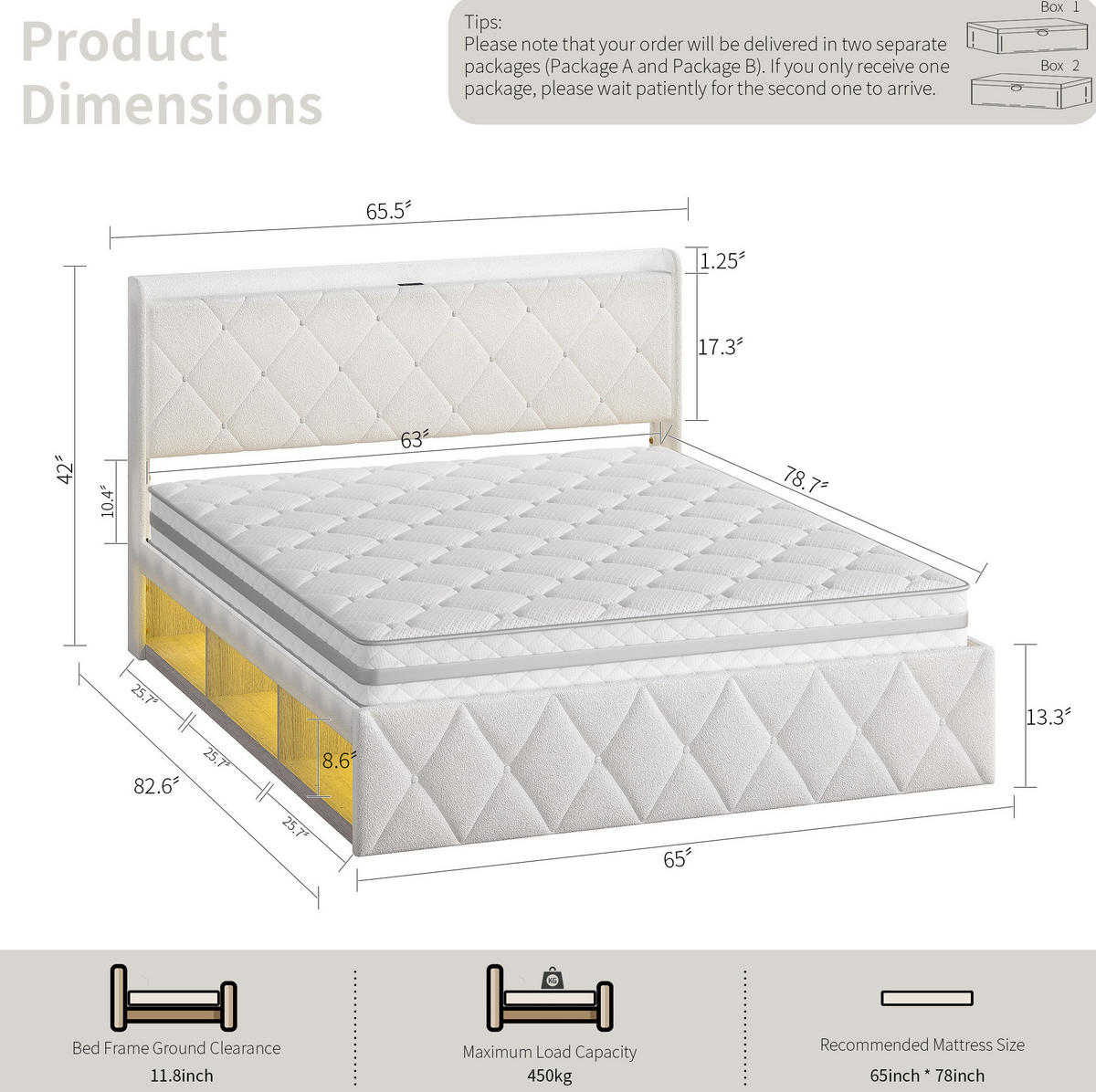 POLSTERBETT 160/200 cm aus Teddy-Stoff mit USB-Ladefunktion und LED-Beleuchtung Weiß - Weiß, Fell (160/200cm) - Modenvie