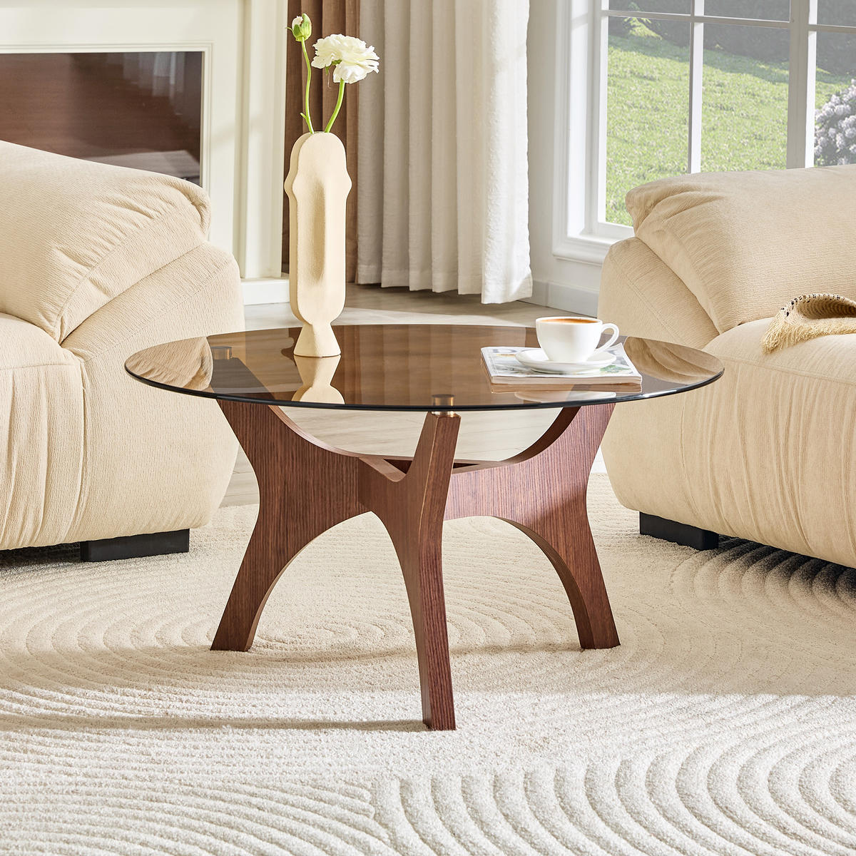 COUCHTISCH in Braun Runder Kaffeetisch für Wohnzimmer, Büro & Lounge, Hitze- & Kratzfest, 80/80/42.2 - Braun, Glas/Holzwerkstoff (80/80/42.2cm) - STILVORA