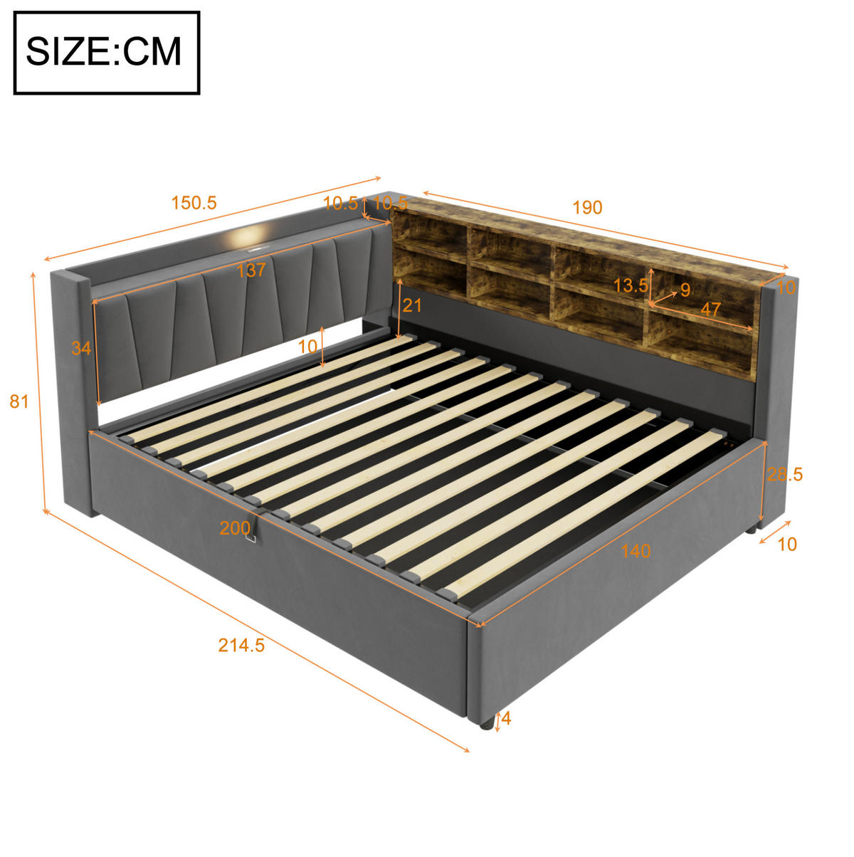 POLSTERBETT Schlafsofa aus Samt 140x200 cm Dunkelgrau mit Hydraulik-Stauraum, Nachtlicht, USB- und Typ-C-Anschlüssen - Grau, Textil (140/200cm) - Modfu