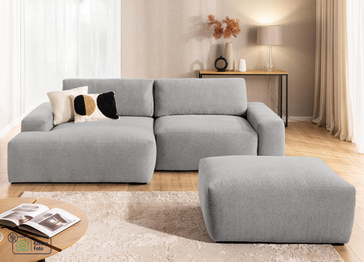 ECKSOFA inkl. Hocker Lennon aus Hellgrau Strukturstoff mit Schlaffunktion und Bettkasten - Hellgrau/Schwarz, Holz/Kunststoff (137/264cm) - S-Style