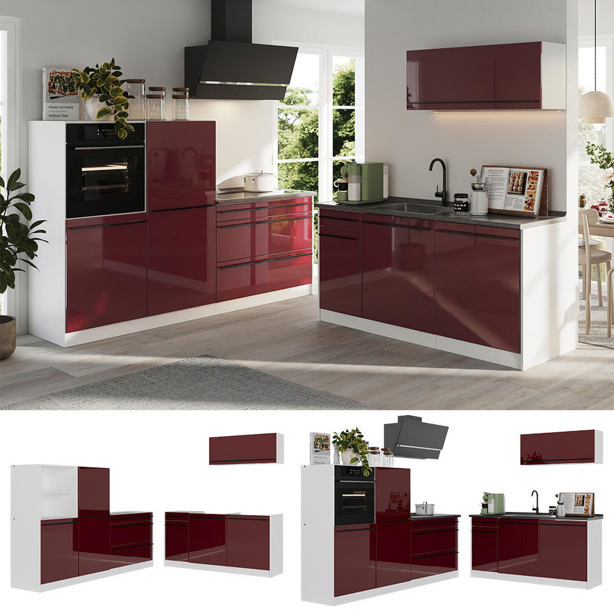 KÜCHENZEILE R-Line, Rot Hochglanz/Weiß, 220 cm Arbeitsplatte Anthrazit - Rot/Weiß, Holzwerkstoff (220/143/60cm) - Vicco