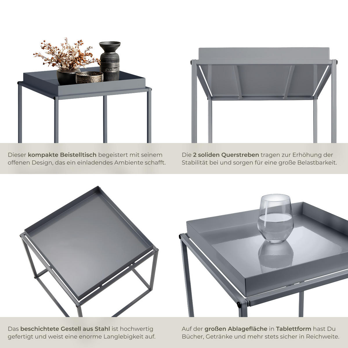 BEISTELLTISCH Cambridge,40 x 40 x 44 cm,dunkelgrau - Dunkelgrau, Metall (40/40/44cm) - tectake