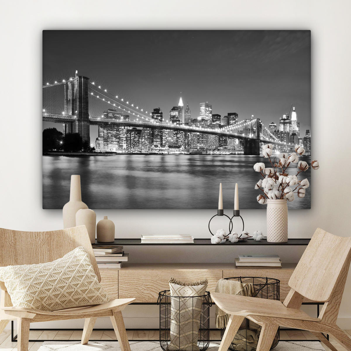 OBRAZ NA PLÁTNE New York - Most - Brooklyn - Čiernobiely - Architektúra 120x80 cm - čierna, textil (120/80cm) - MuchoWow