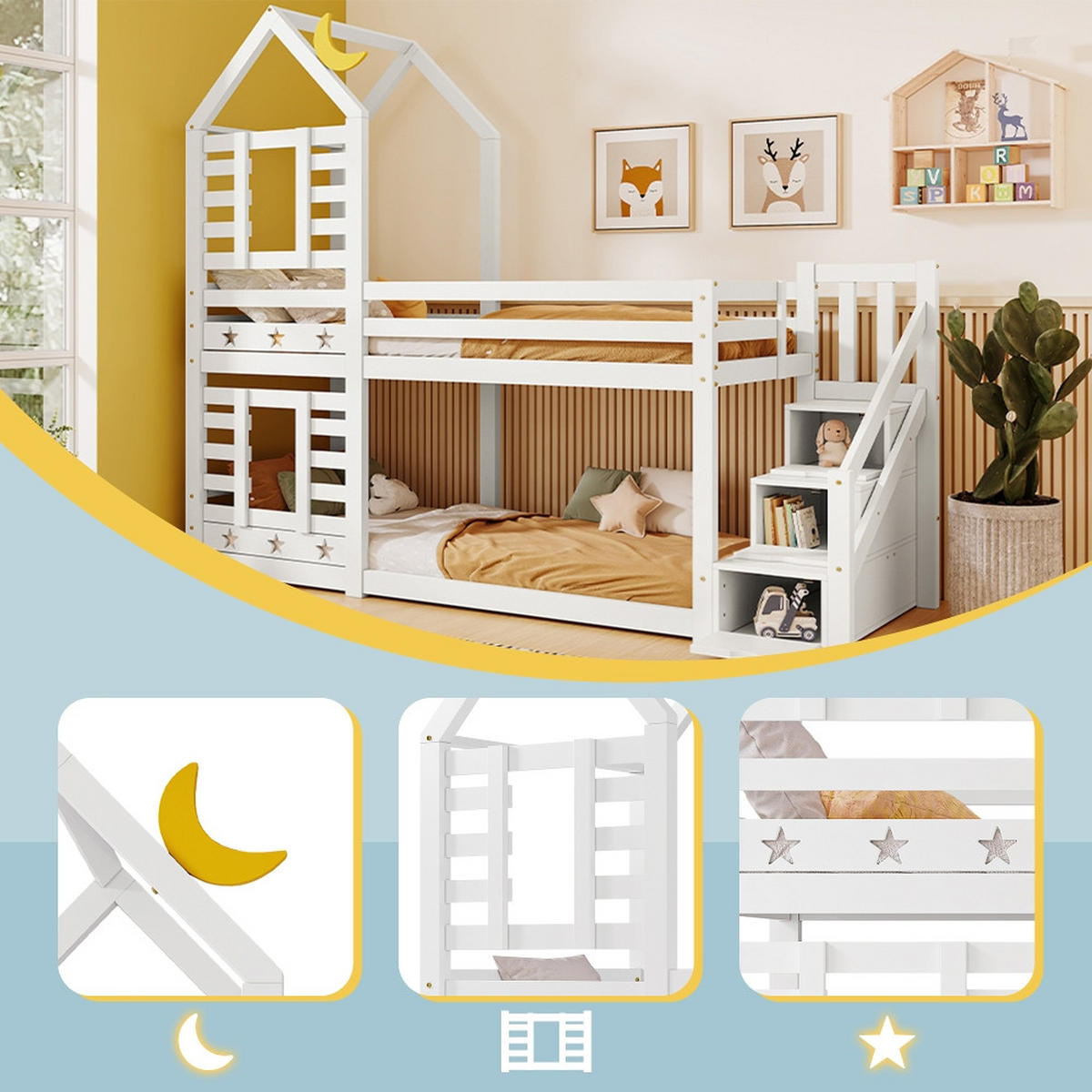 HOCHBETT BAUMHAUS mit Schubladen, Rausfallschutz, Treppe, Kiefer Massivholz, Weiß, 96/257/217 cm - Weiß, Holz (90/200cm) - Rolipo