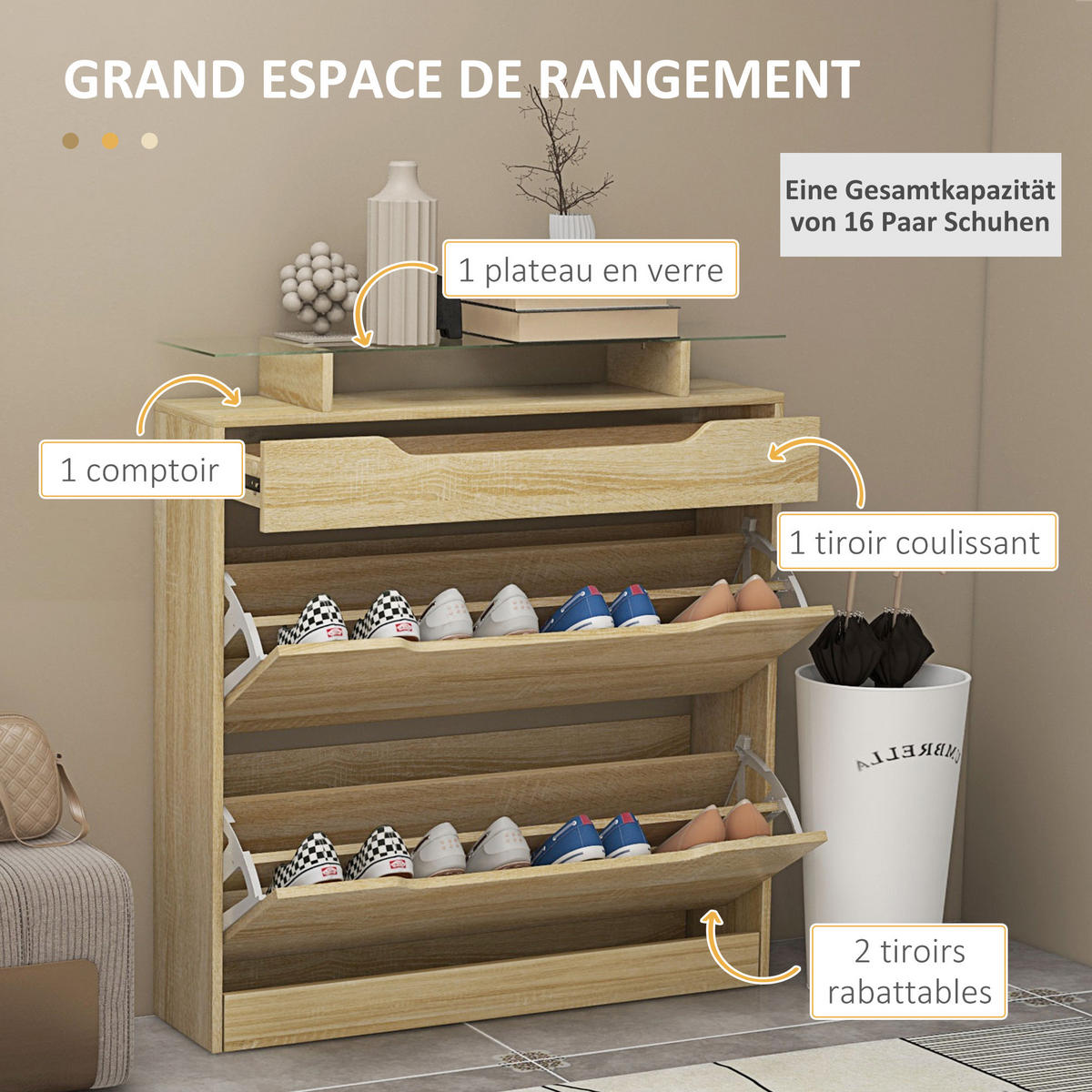 SCHUHSCHRANK DE-15003 mit 2 Klapptüren, Schublade & Glasablage Eiche - Eichefarben, Holzwerkstoff (89/96/23cm) - ComfortXL