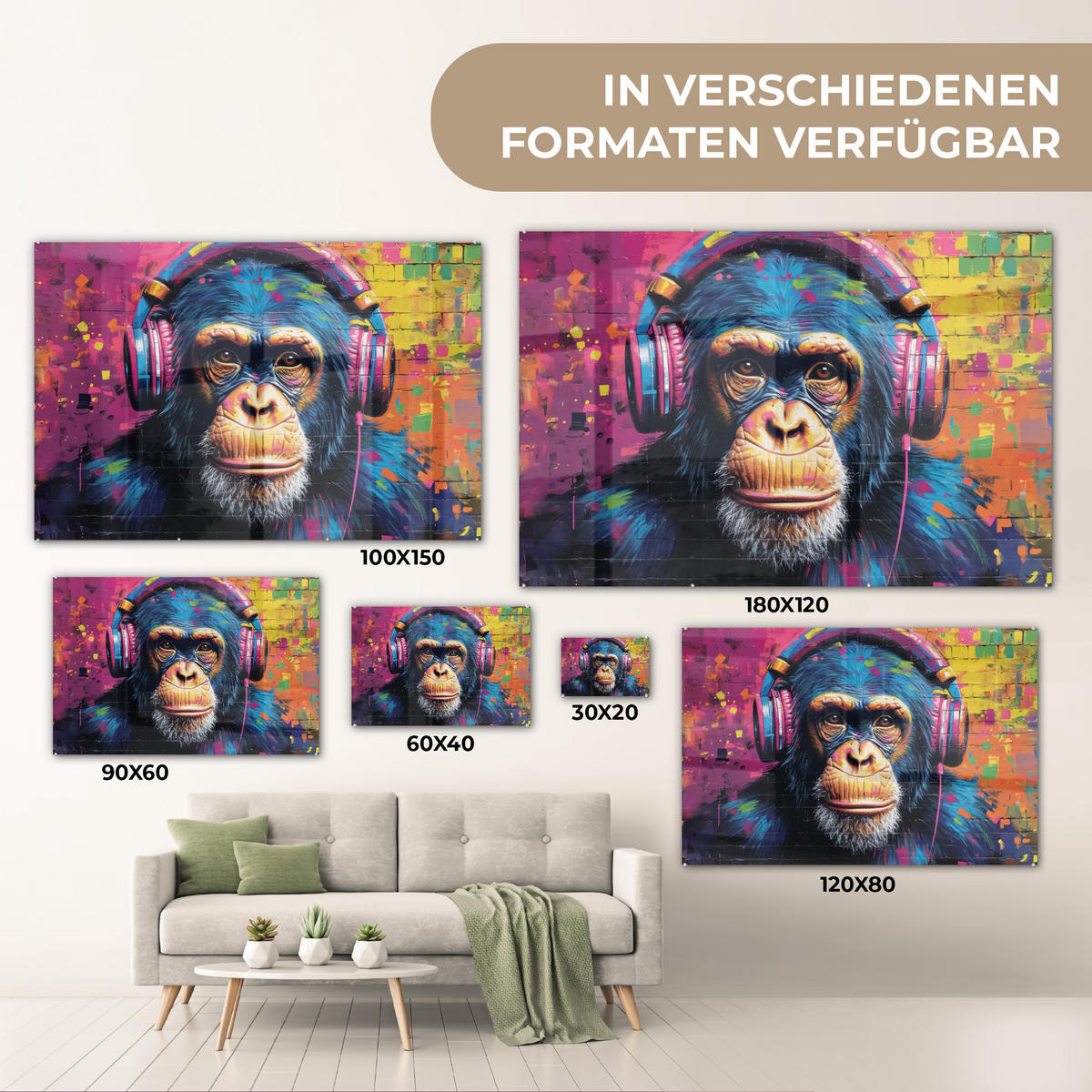 ACRYLGLASBILD Graffiti - Schimpanse - Straßenkunst - Kopfhörer - Affe 60x40 cm - Blau, Glas (60/40cm) - MuchoWow