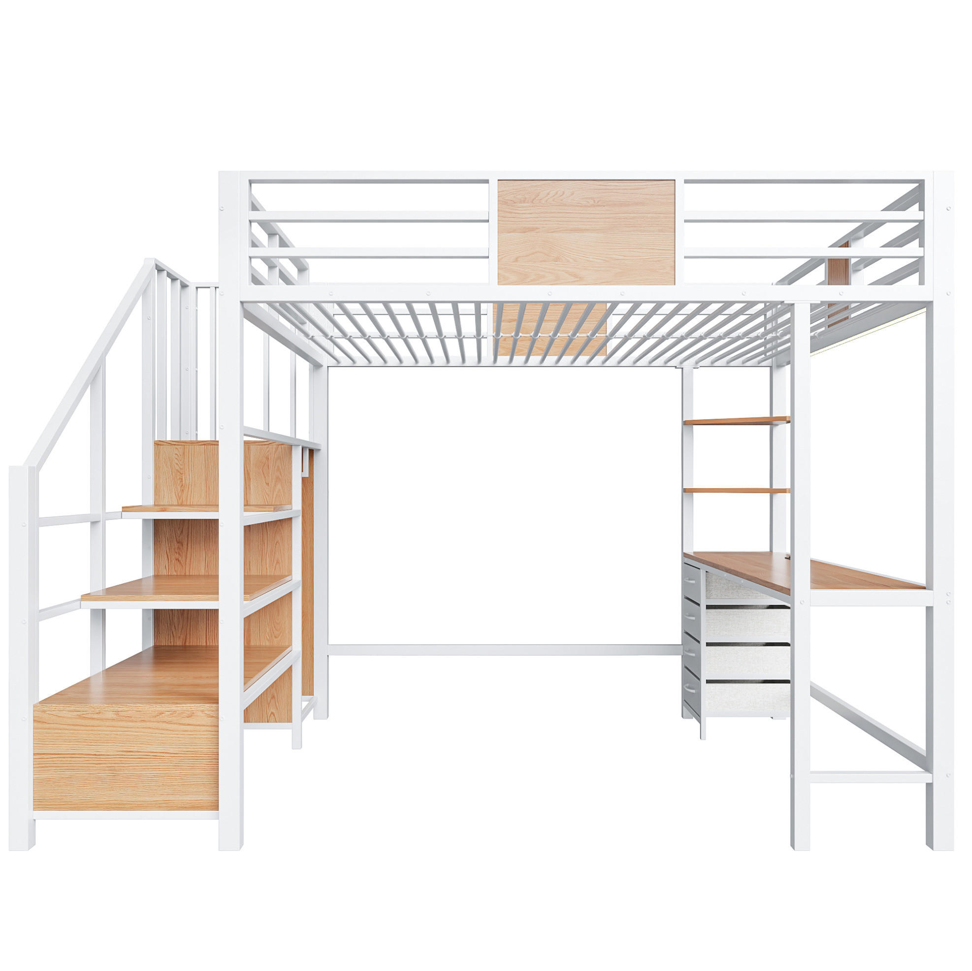HOCHBETT 140/200 cm aus Metall und MDF mit Schreibtisch, Stauraum und LED-Beleuchtung Weiß - Weiß, Metall (140/200cm) - Modenvie