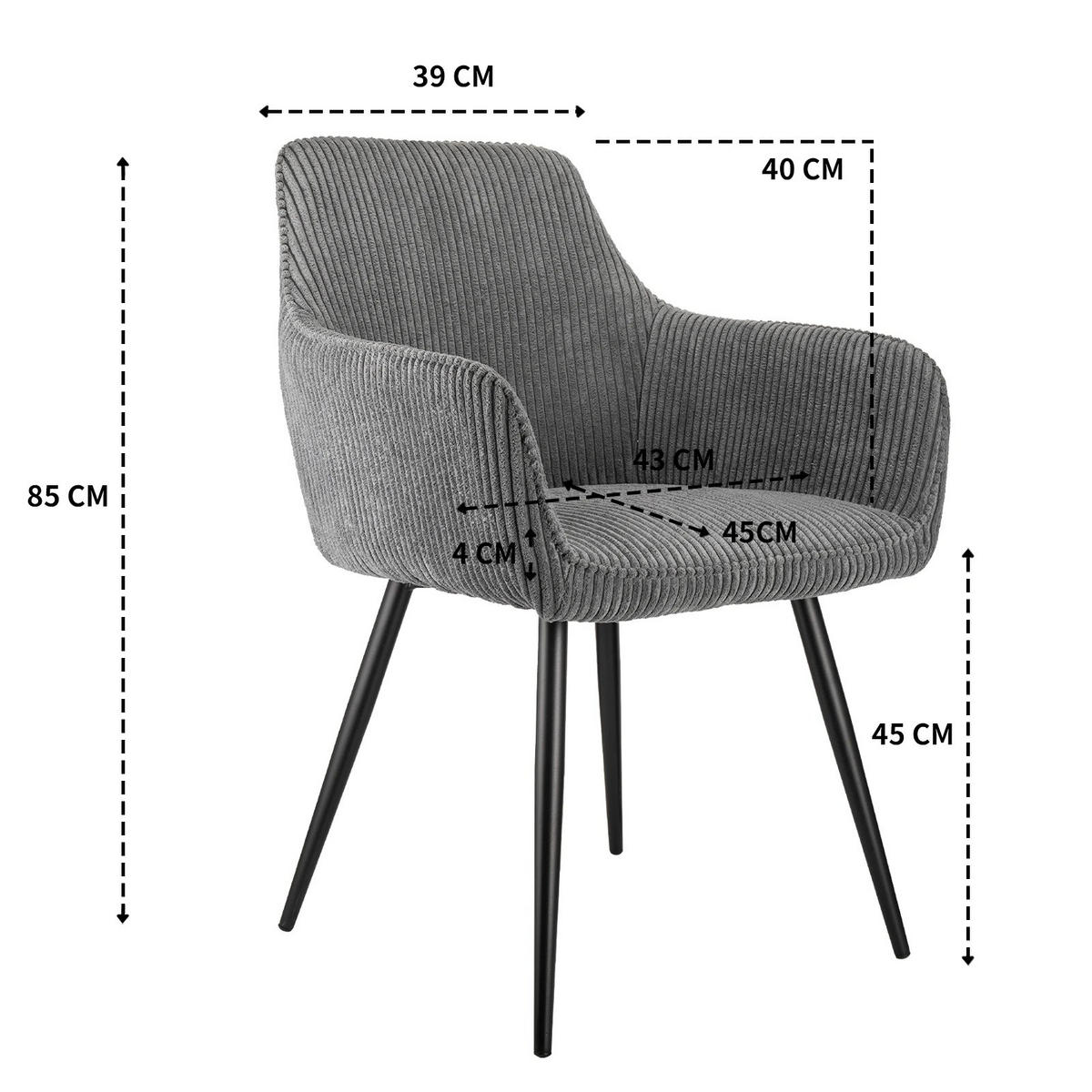 ESSZIMMERSTUHL Cord Ergonomisch Armlehnen Grau 2-teilig - Grau, Textil (45/85/43cm)