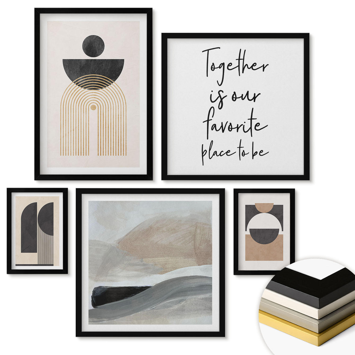 WANDBILDER 5er-Set - 50x50 cm & 20x30 cm & 40x60 cm Schwarzer Rahmen - Abstrakte Formen beige braun - Schwarz, Kunststoff (40/60cm) - ArtPrintCave
