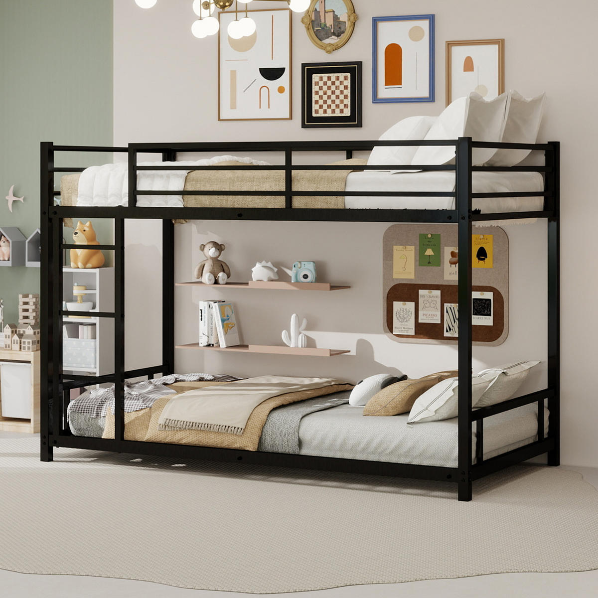 ETAGENBETT 90/200 cm Schwarz mit Leiter und Sicherheitsgeländer, Eisen - Schwarz, Metall (90/200cm) - Oxeza