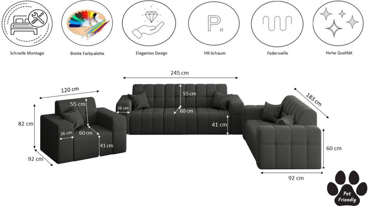 SITZGARNITUR NIMES 3-2-1 Stoff Portland Schwarz - Schwarz, Holz/Textil (92/82/245cm) - Kaiser Möbel