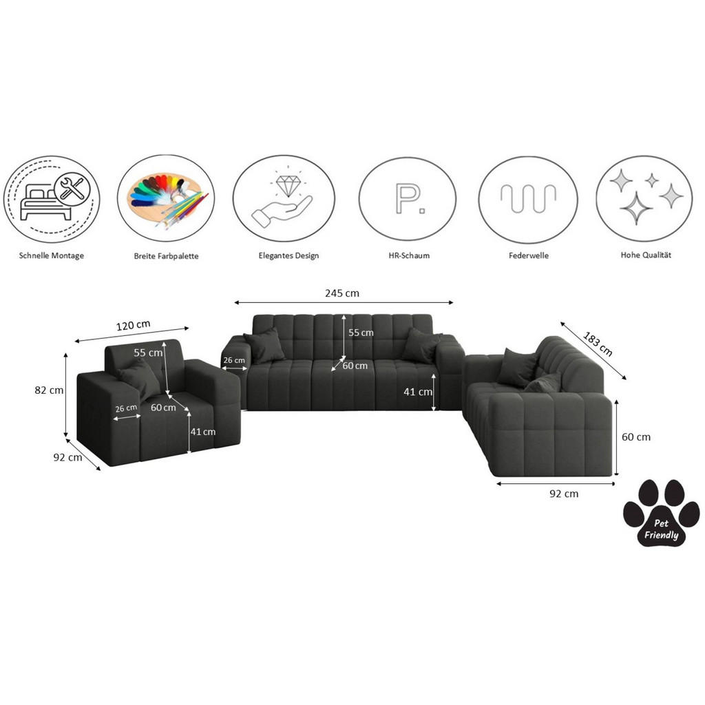 Thumbnail - Kaiser Möbel Sitzgarnitur, Schwarz, Textil, 6-Sitzer, Rechteckig, 92x82x245 cm, Wohnzimmer, Sofas & Couches, Sitzgarnitu...