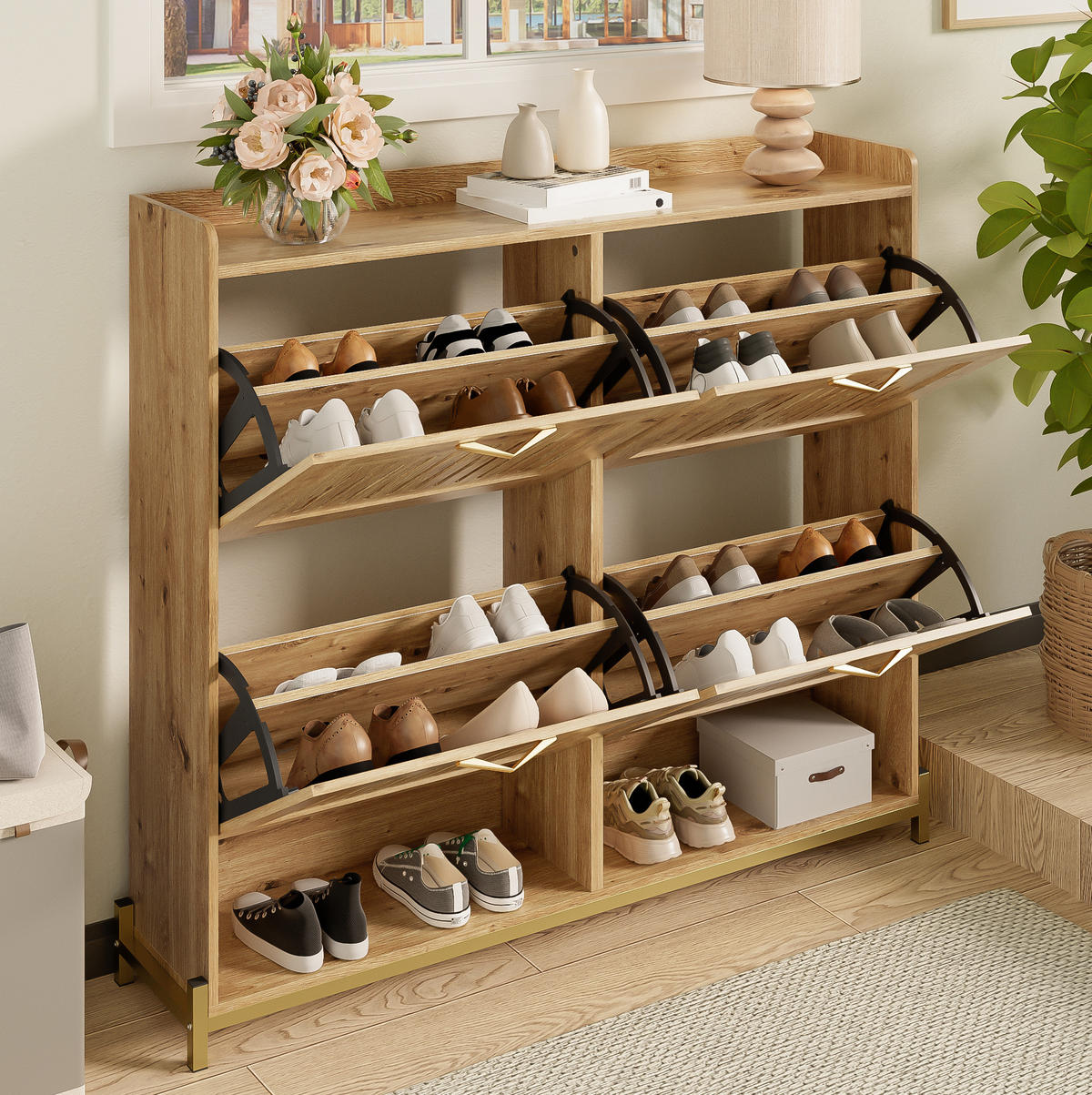 SCHUHSCHRANK aus MDF 108,5x24x100cm in Naturfarben mit 4 Türen - Naturfarben, Holzwerkstoff (108.5/100/24cm) - Modfu