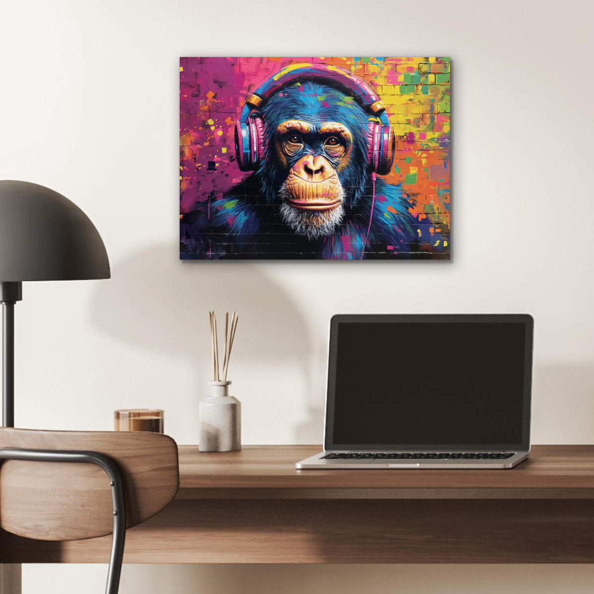 KOVOVÝ OBRAZ Graffiti - Šimpanz - Street art - Slúchadlá - Opica 40x30 cm - modrá, kov (40/30cm) - MuchoWow