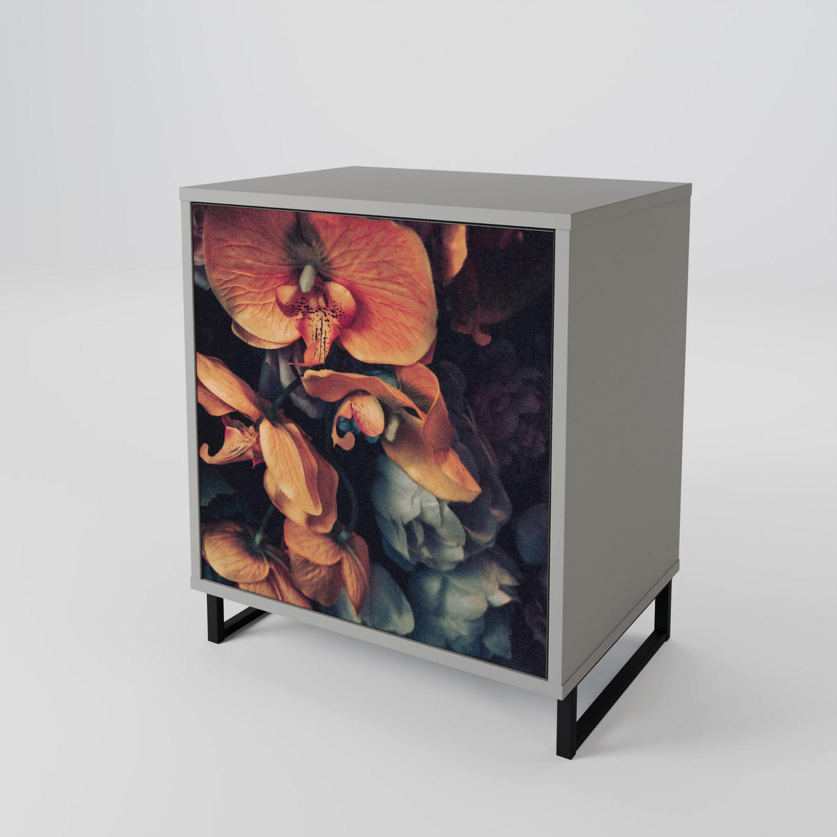 SIDEBOARD NEVERENDING BLOOM, Grau, 57,5x42x75,5 cm, Goldfarbene Metallfüße - Goldfarben/Multicolor, Holzwerkstoff/Metall (57.5/75.5/42cm) - SpaceRebels