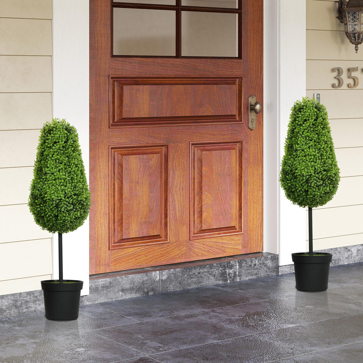 2ER Set Künstliche Buchsbaum 90cm Kunstpflanze in Tränenform Fake Plant wie echt - Schwarz/Grün, Kunststoff (90cm) - HOMCOM