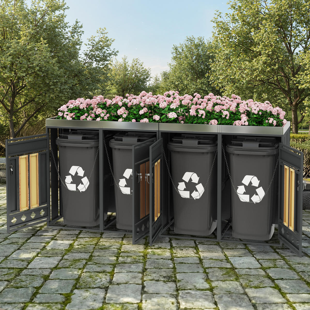 MÜLLTONNENBOX mit Pflanzkasten 4 Fächern Abschließbar Holzoptik - Grau, Metall (264/124/80cm) - PARAFTA HOME