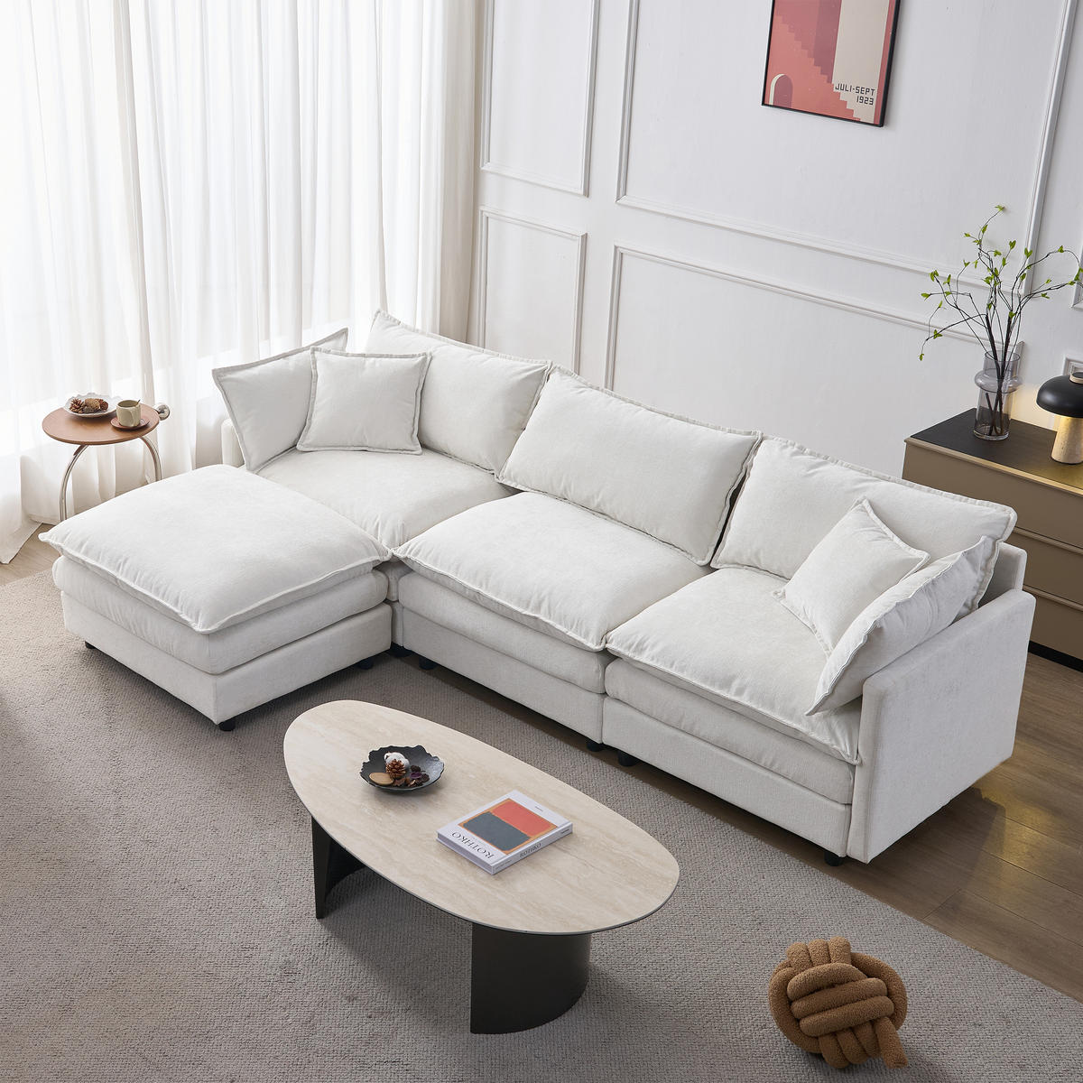 ECKSOFA Chenille Beige mit Hocker und Kissen - Beige, Holzwerkstoff/Kunststoff (267/154cm) - WISHDOR