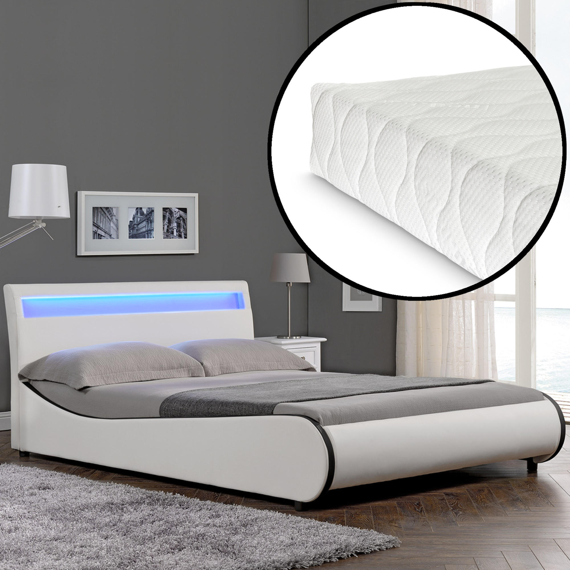 POLSTERBETT Valencia mit Matratze und LED-Beleuchtung - Weiß, Textil (180/200cm) - Corium