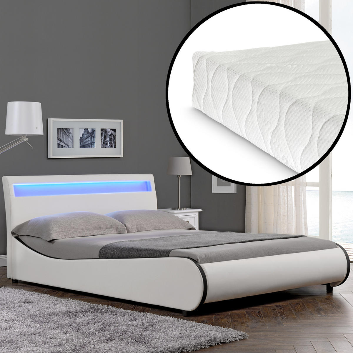 POLSTERBETT Valencia mit Matratze und LED-Beleuchtung - Weiß, Textil (180/200cm) - Corium