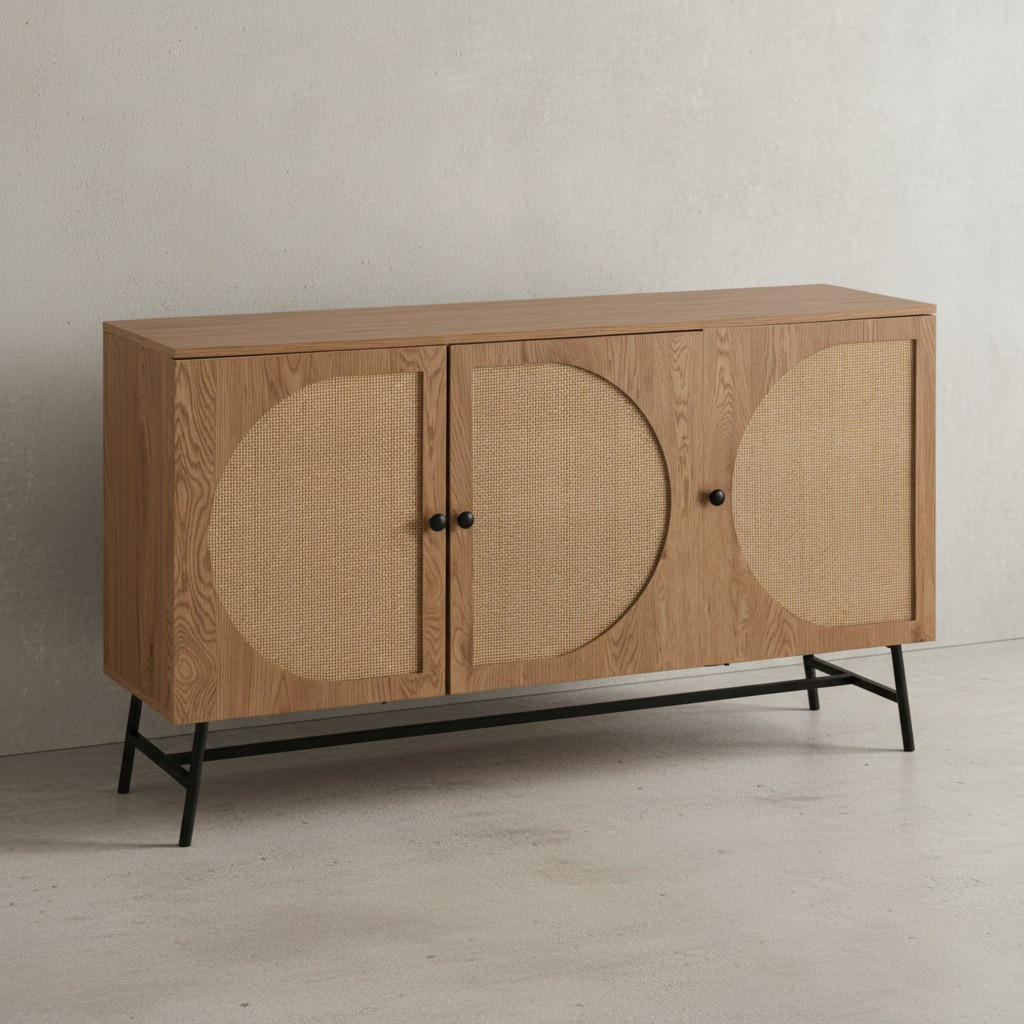 SIDEBOARD – Eiche-Dekor/Rattan, 140x80x39 cm, 3 Türen, hoch - Schwarz/Braun, Holzwerkstoff/Metall (140/80/39cm) - KADIMA DESIGN