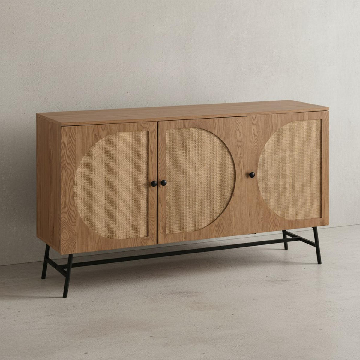 SIDEBOARD – Eiche-Dekor/Rattan, 140x80x39 cm, 3 Türen, hoch - Schwarz/Braun, Holzwerkstoff/Metall (140/80/39cm) - KADIMA DESIGN
