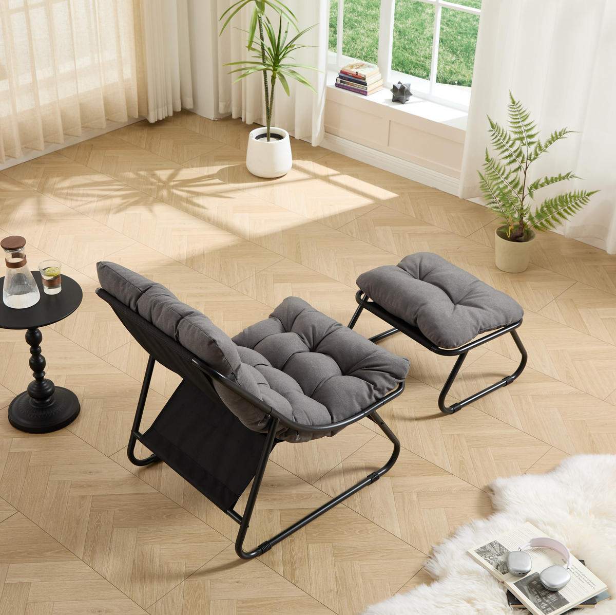 ZAHRADNÍ relaxační křeslo s podnožkou 65/78/86 cm šedočerné z oceli s polštářem - šedá, kov (66/14/82cm) - OKWISH