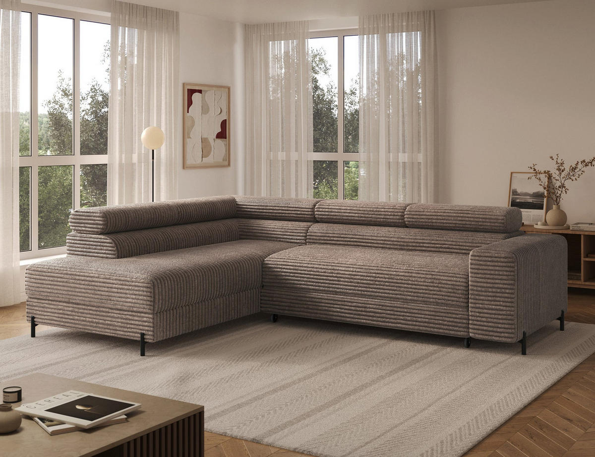 ECKSOFA COLESIO L-Form, Schlaffunktion, Bettkasten, verstellbare Kopfstützen, Wellenfederung, Metallfüße, breiter Cordstoff - Beige/Schwarz, Kunststoff/Metall (269/204cm) - Wohnideebilder
