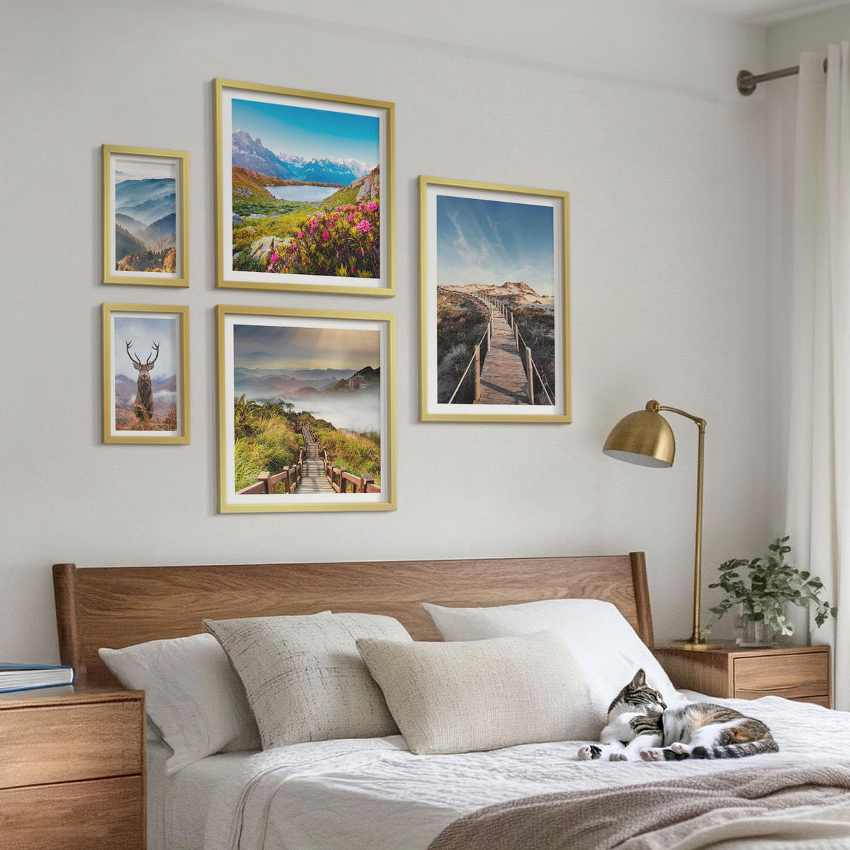 WANDBILDER 5er Set - 50x50 cm & 20x30 cm & 40x60 cm Goldrahmen - Berglandschaft, See, Hirsche - Goldfarben, Kunststoff (40/60cm) - ArtPrintCave