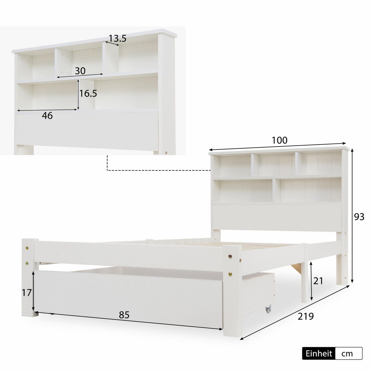 EINZELBETT 90/200 cm aus Massivholz mit Bücherregal-Kopfteil und Schubladen, Weiß - Weiß, Holz - Redom
