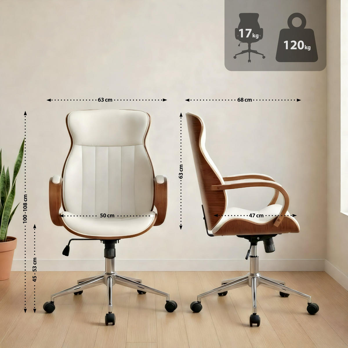 DREHSTUHL Lederlook Walnuss/Weiß - Chromfarben/Walnussfarben, Textil/Metall (63/100/68cm) - CLP