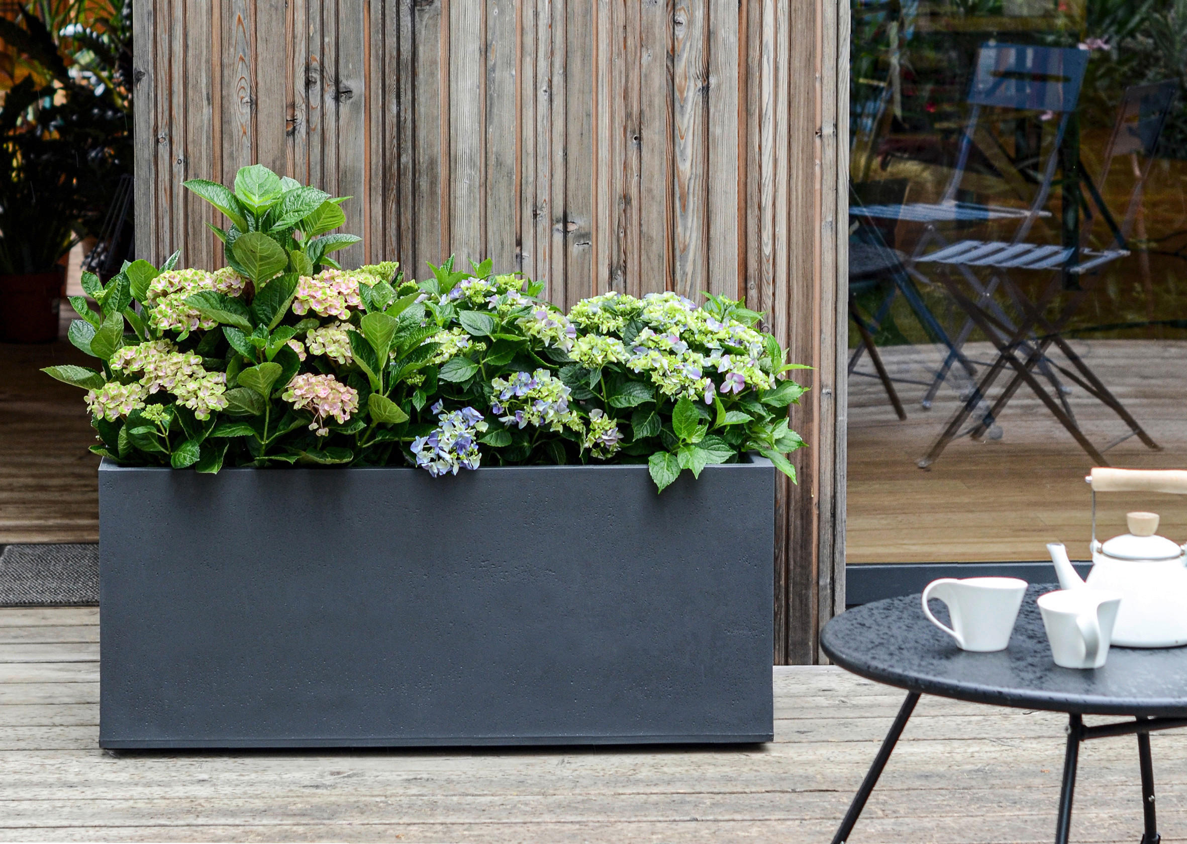kvetináč s hortenziami, kvetináč na terasu